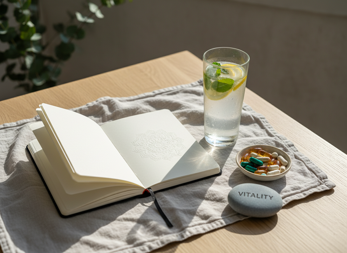 A meticulously arranged flat lay of holistic wellness tools for mothers’ health transformation, displayed on a pale linen cloth atop a light oak table. A sleek journal embossed with a subtle mandala sits open, beside a glass of infused water with lemon slices and mint, a small dish of colorful supplements, and a polished stone engraved with the word “Vitality.” Soft morning sunlight filters in from the left, creating refined highlights on the glass and gentle shadows along the journal’s edges. The background is softly blurred eucalyptus branches and a neutral wall. Photographic realism, shot from a bird’s-eye view with clean, sophisticated composition, calm and aspirational atmosphere, embodying balance of mind, body, and spirit without any human presence.