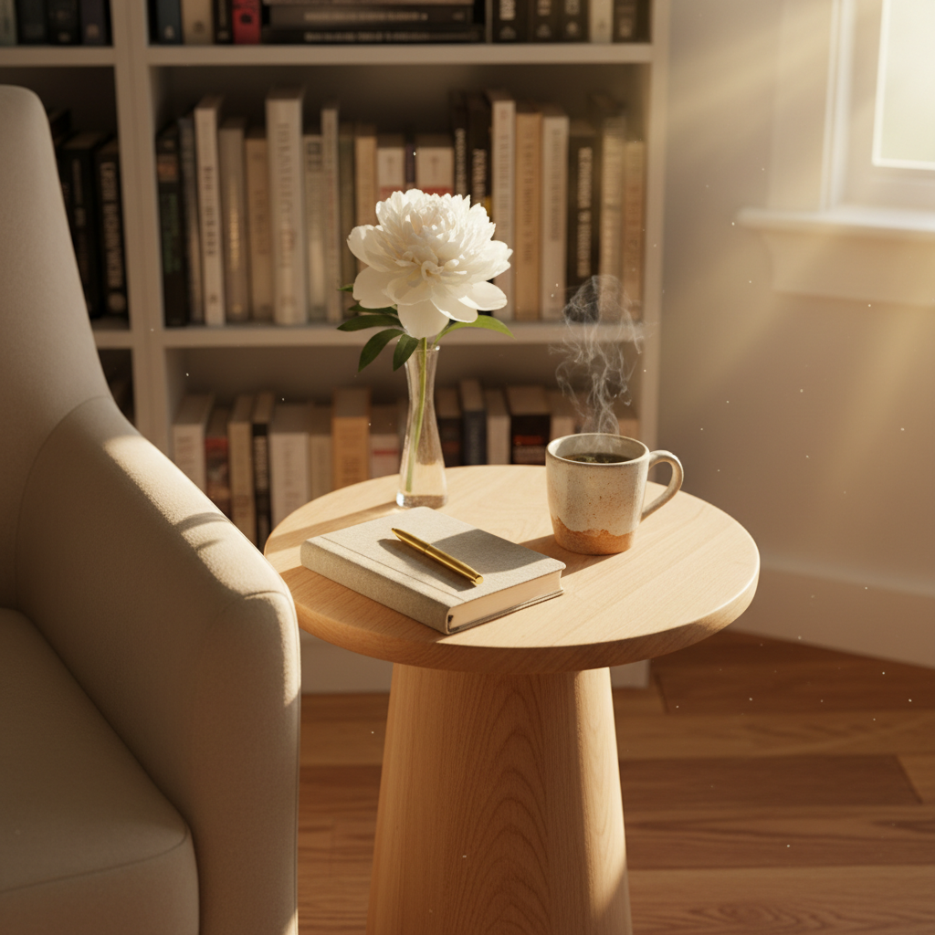 An inviting reading and reflection nook dedicated to women’s wellness, featuring a plush, cream-colored armchair partially cropped out, with focus on a small round side table of smooth light wood. On the table rests a closed linen-covered journal with a gold pen, a ceramic mug of herbal tea with rising steam, and a single fresh flower in a slim glass vase. Behind, tall bookshelves lined with neatly arranged wellness and mindset books create a softly blurred backdrop. Golden hour sunlight streams through an unseen window, producing warm, elongated shadows and a gentle glow. Photographic realism, shot at a slightly elevated angle with rule-of-thirds composition, calm and introspective atmosphere, emphasizing mindful transformation and inner alignment, without any human figures.