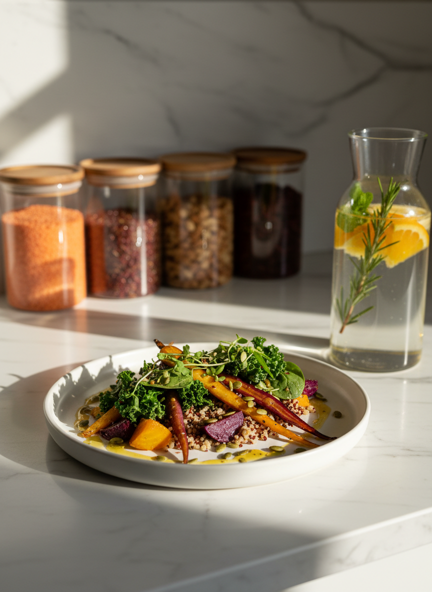 A minimalist kitchen scene centered on a beautifully plated, nutrient-dense meal on a matte white ceramic dish, featuring roasted vegetables, whole grains, and vibrant greens arranged with elegant precision. The plate rests on a marble countertop with subtle grey veining, near a clear carafe of water infused with citrus and herbs. In the background, softly blurred glass storage jars hold colorful whole foods. Late-afternoon natural light streams through a nearby window, casting refined, warm highlights and delicate shadows, enhancing the textures of the food. Photographic realism, eye-level composition with shallow depth of field, creating a sophisticated, serene mood that conveys nourishing, sustainable health habits for women and their families, with no people visible.